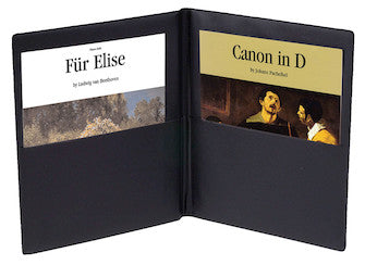 Open music folder black on white background showing a pocket on each side.