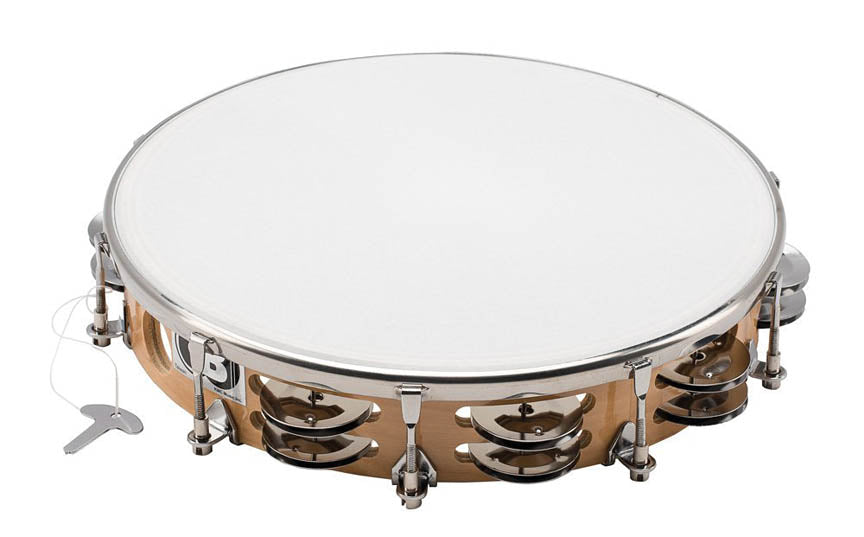 Tambourine with metal jingles on a white background