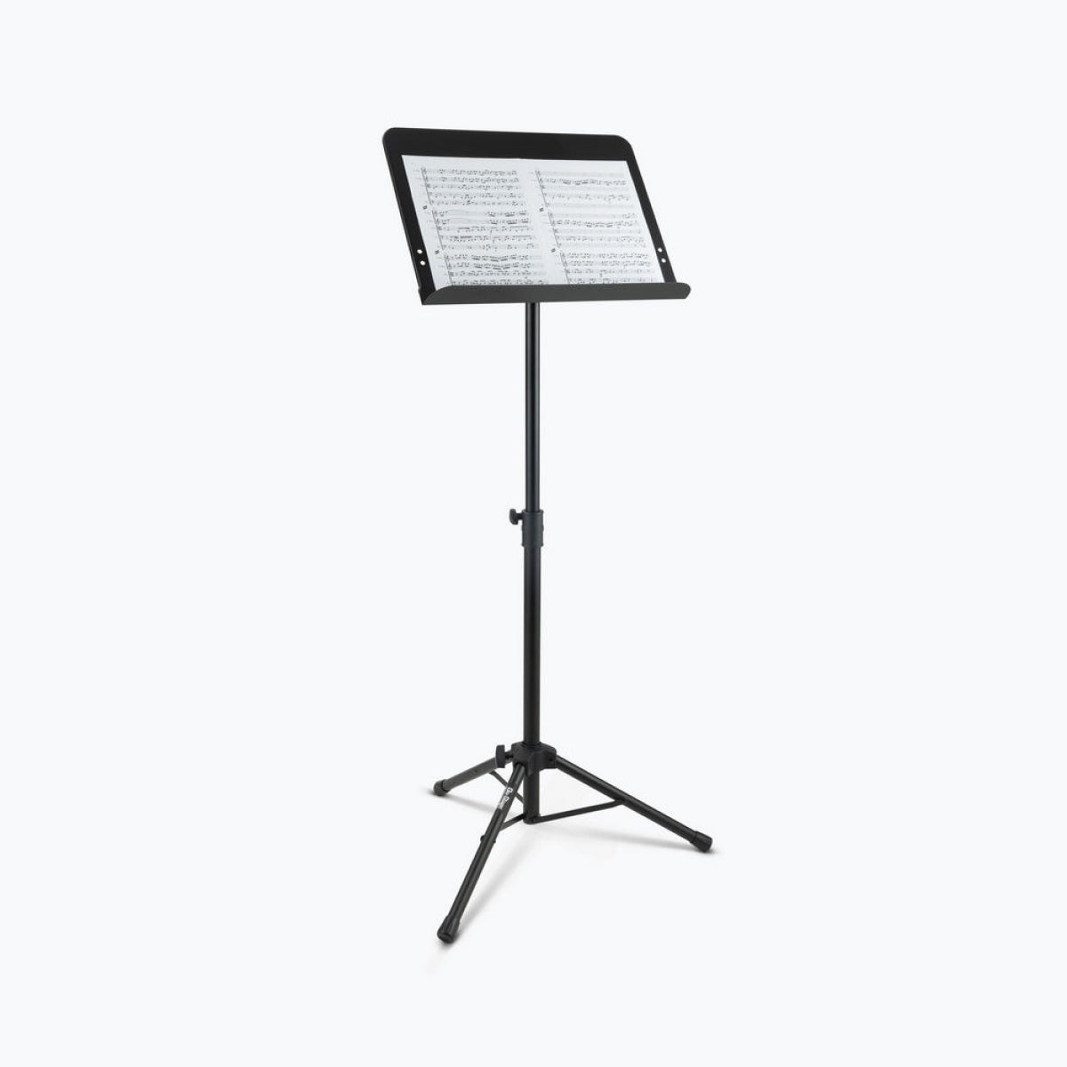 On stage folding music stand. Highest extension of stand and showing tripod. Black stand on white background