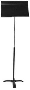 A tall black Manhasset symphony music stand with a full angle tilt desk and height adjustment features.