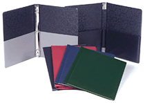 Choral music folders showing color samples of black, red, blue, green.