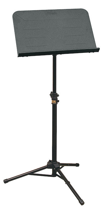 Black music stand on white background. Folding stand with solid desk design and tripod legs.