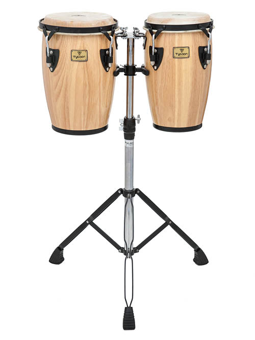 Pair of Tycoon Jr Congas on tripod stand of light wood colored with white background.