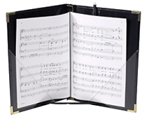 Choral music folder opened to reveal music and elastic straps holding music