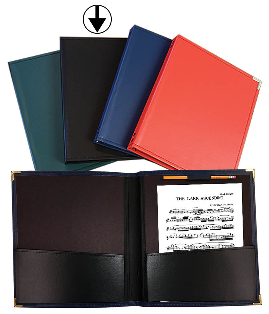 12 x 14 Deluxe Music folder - Hal Leonard Pic shows colors in green, red, blue, burgundy, and an opened black music folder with pencil holder and music inserted in the pocket.