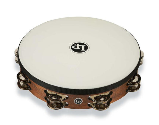 Tambourine with wooden rim and white head on a white background