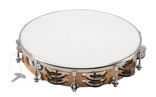 Tambourine with metal jingles on a white background