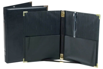 Black vinyl leather music folders with gold hardware on a white background