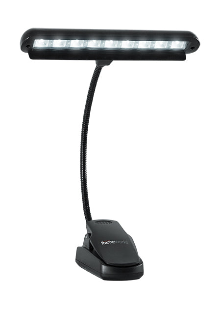 Black LED reading lamp with flexible neck on a white background