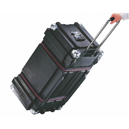 Tilt and Pull drum hardware case. Shows case being tilted and pulled.