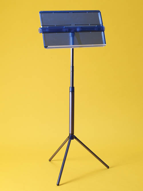 Blue folding desk and tripod music stand on a yellow background