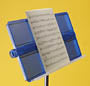 Blue folding desk and tripod music stand on a yellow background