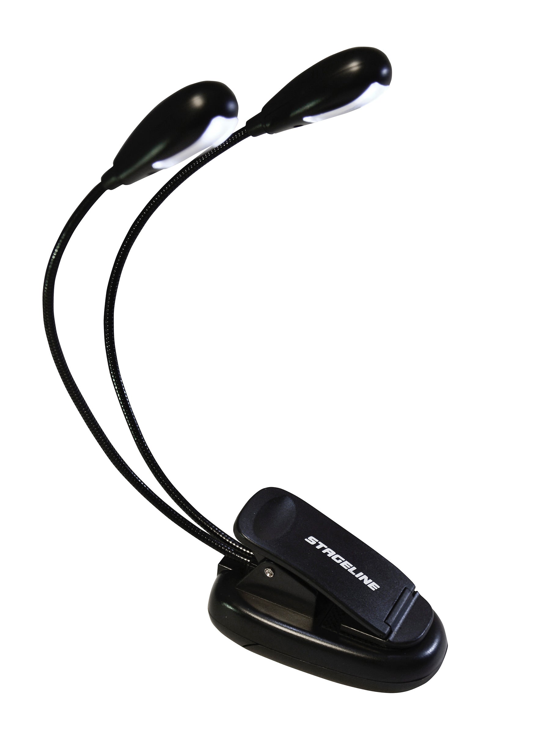 dual LED battery powered music stand light on white background
