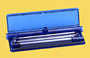 Blue folding desk and tripod music stand on a yellow background showing in the case